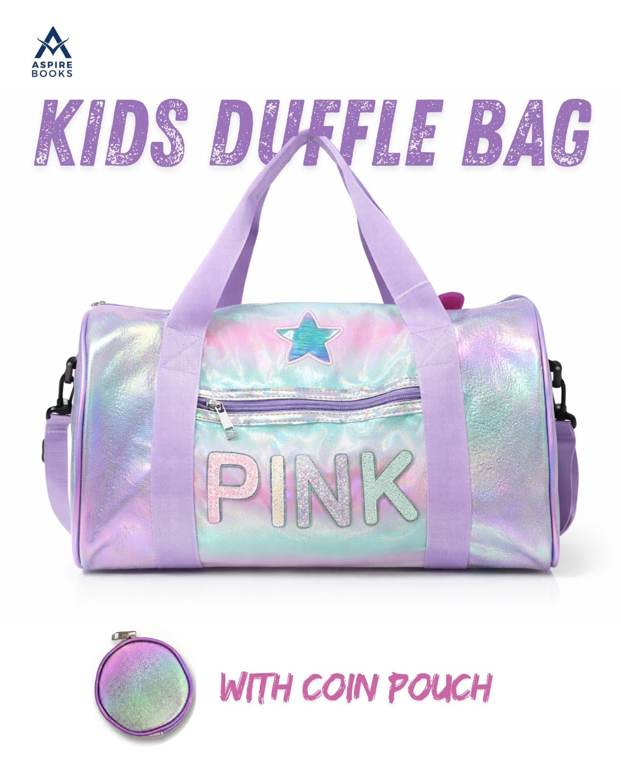 Kids Iridescent Holographic Duffle Bag – Travel & Dance Bag with Coin Pouch for Girls, Purple