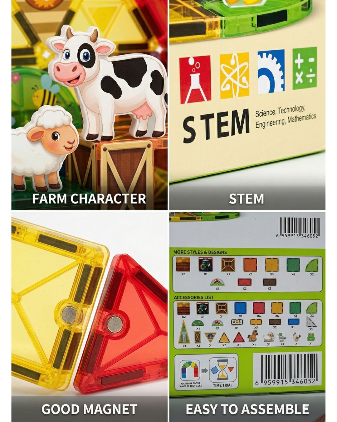 54-Piece Magnetic Tiles Fun Farm Building Set – 188-M509 STEM Educational Magnetic Construction Toy with Farm Animals for Kids