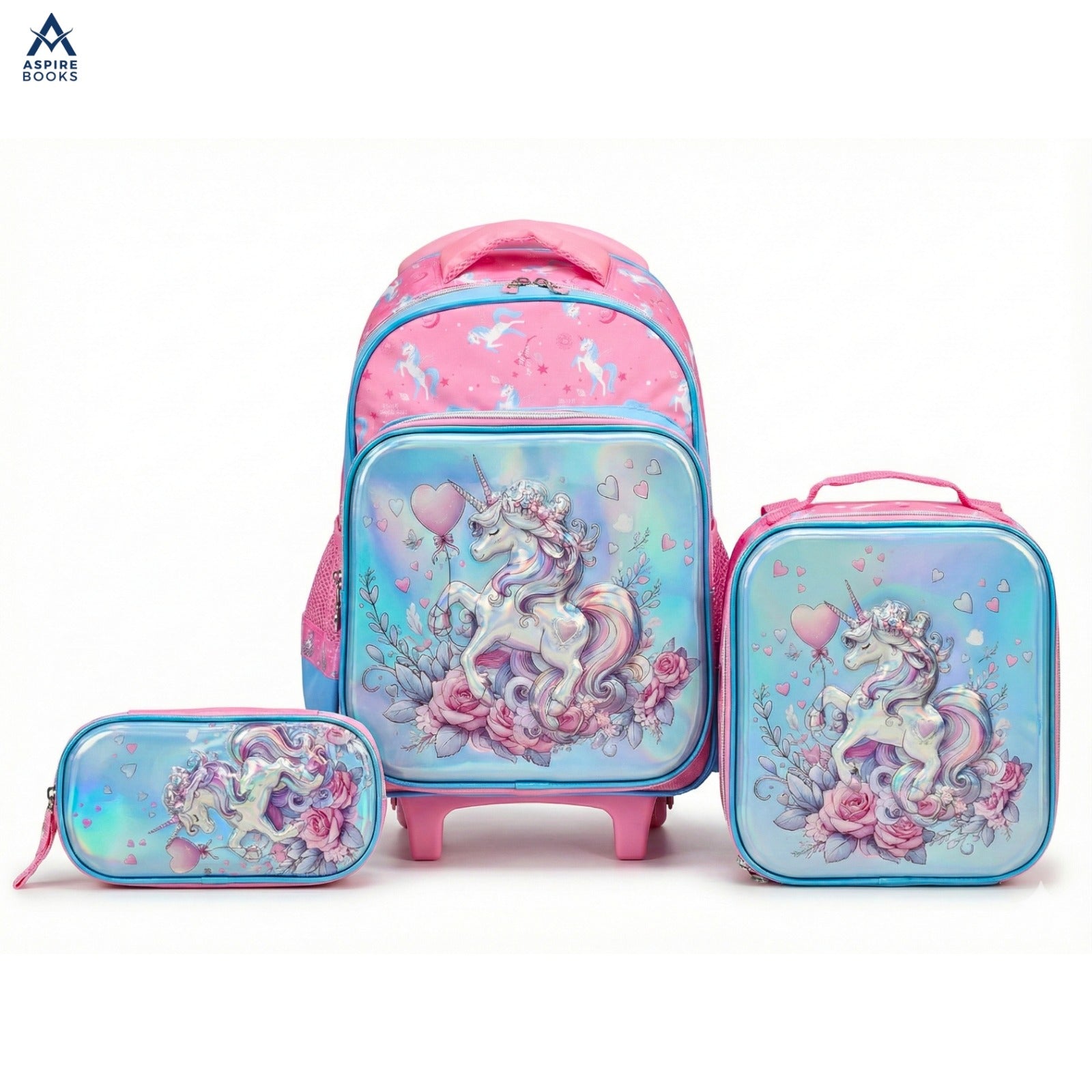 3-in-1 Unicorn Kids School Trolley Bag Set – 18-Inch Rolling Backpack with Lunch Bag & Pencil Case