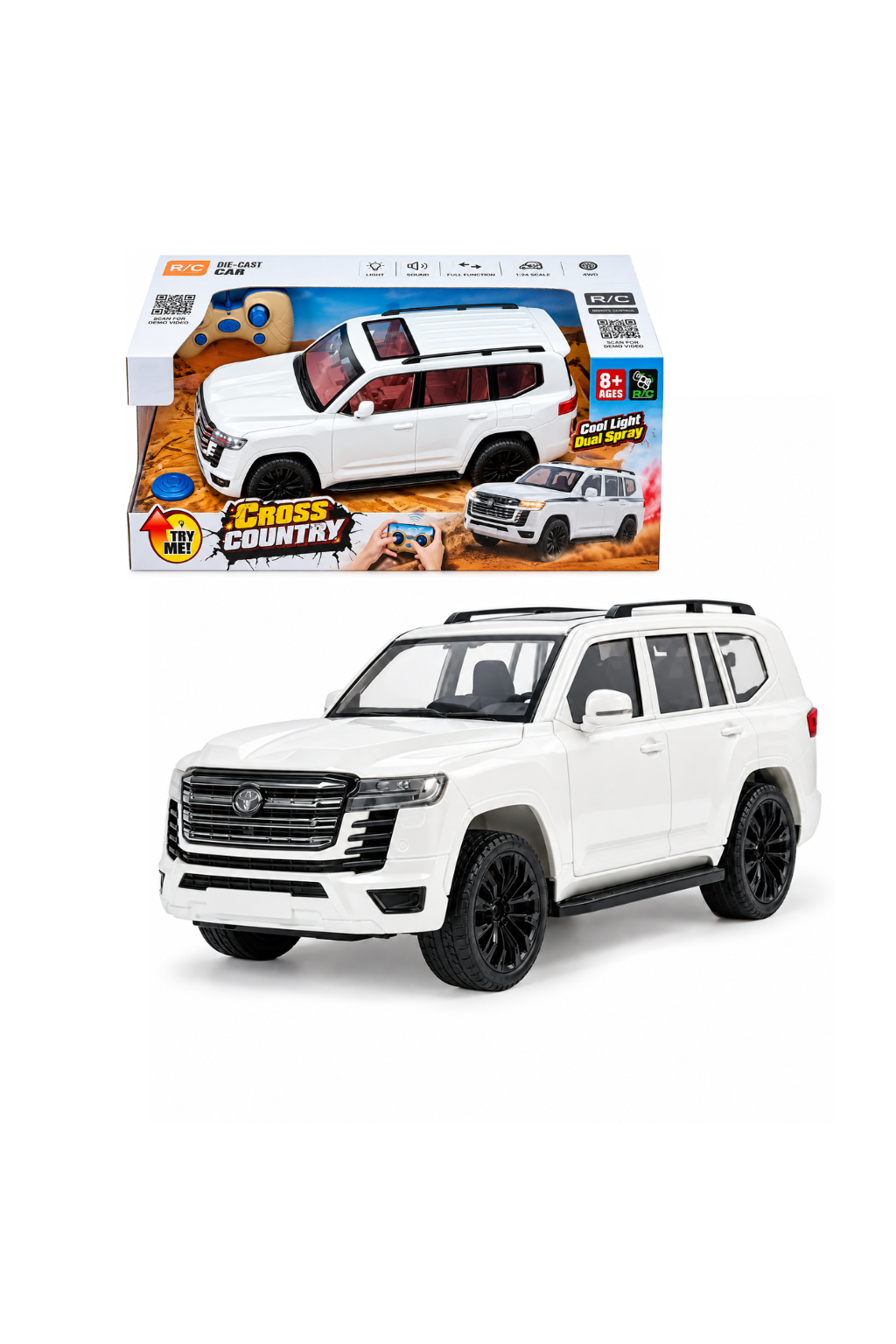 Cross Country RC Toyota Land Cruiser 1:10 Scale Remote Control Car – QX3688-79, White/Brown