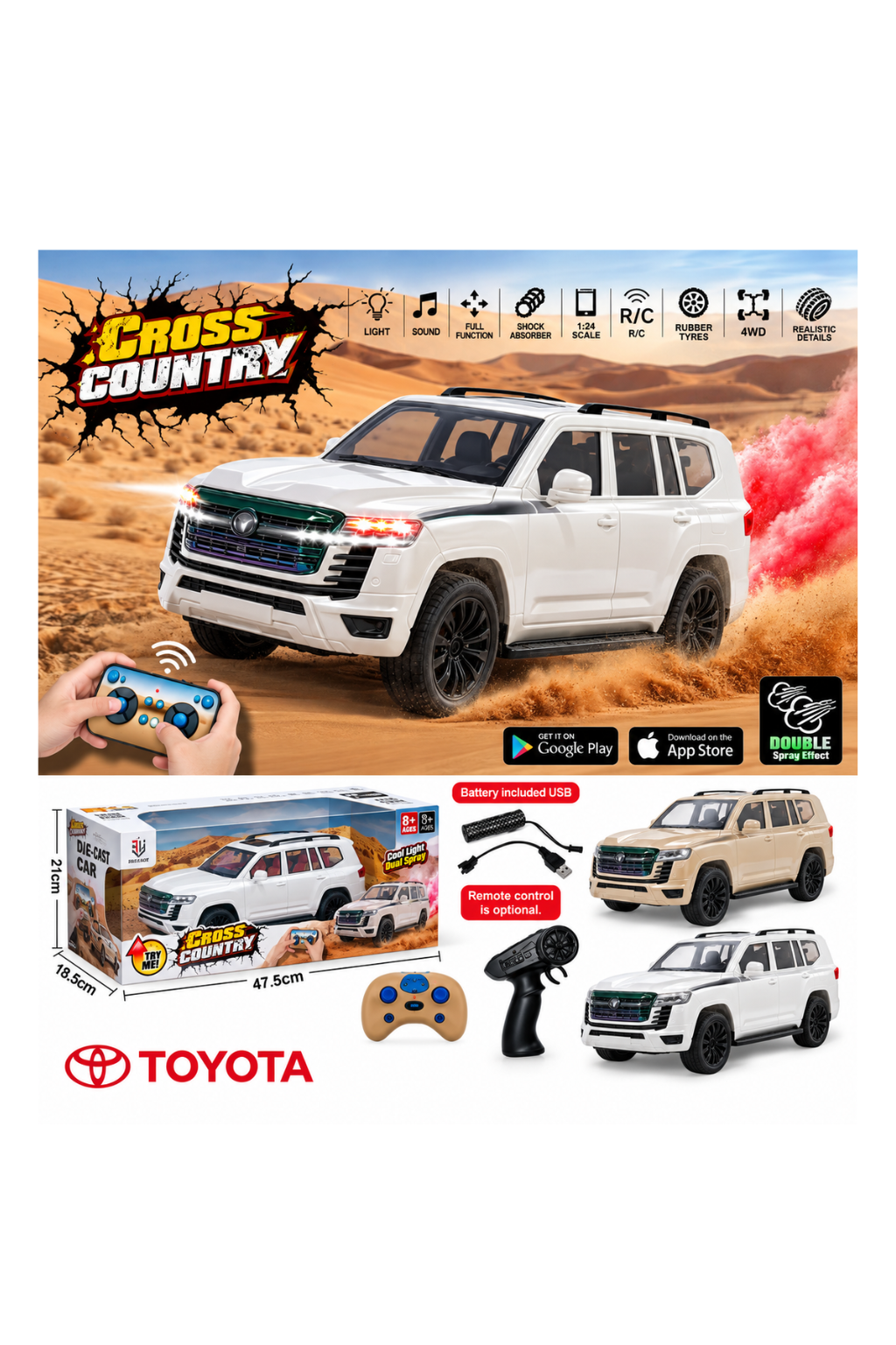 Cross Country RC Toyota Land Cruiser 1:10 Scale Remote Control Car – QX3688-79, White/Brown